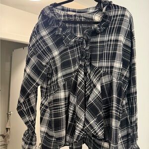 Pilcro Black and White Plaid Ruffle Blouse